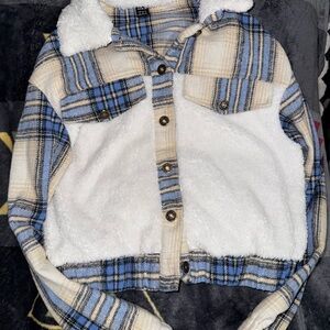 SHEIN Blue and Cream Checkered Jean Jacket